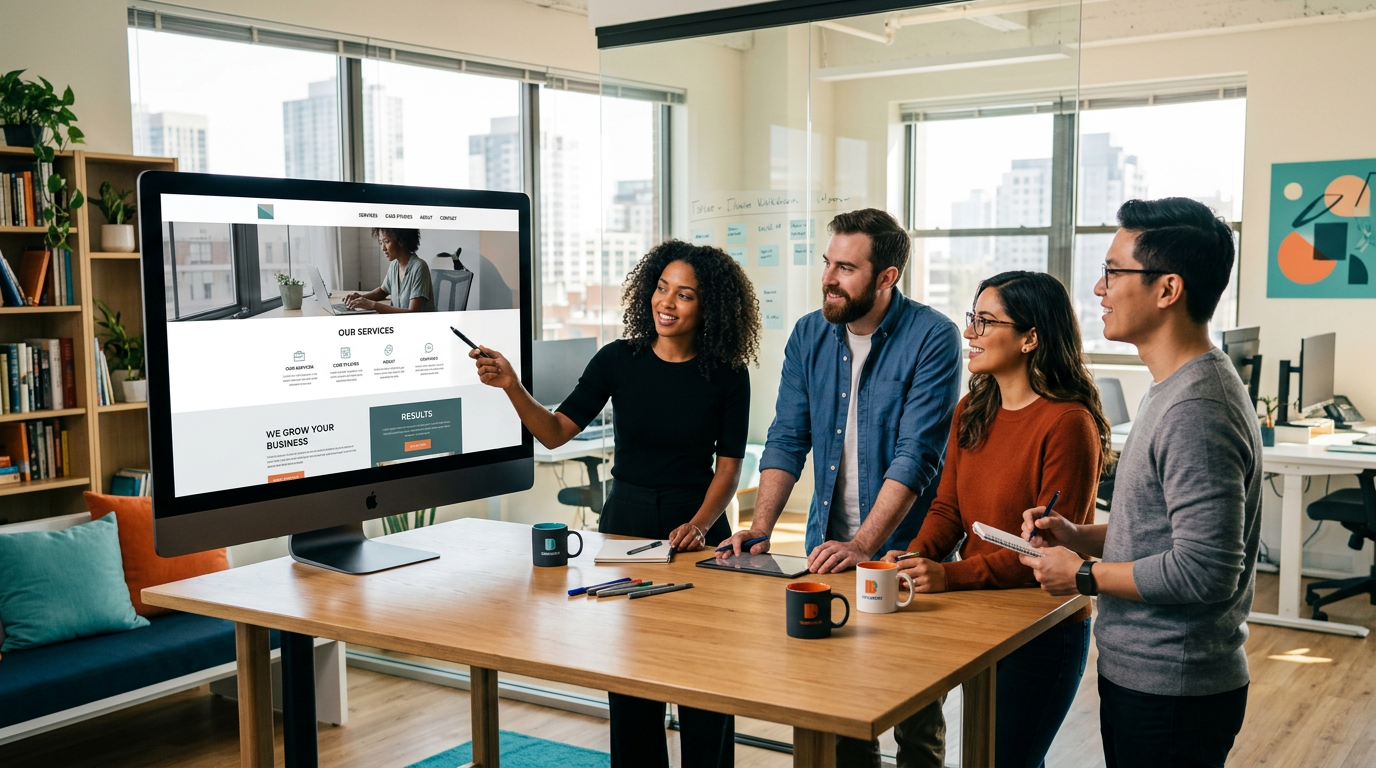 Team reviewing a website refresh on a large screen