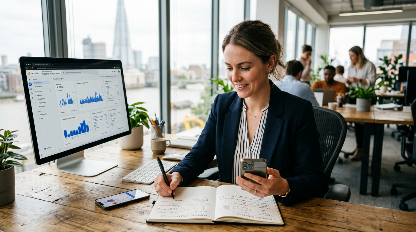 Marketing professional reviewing social analytics and lead strategy