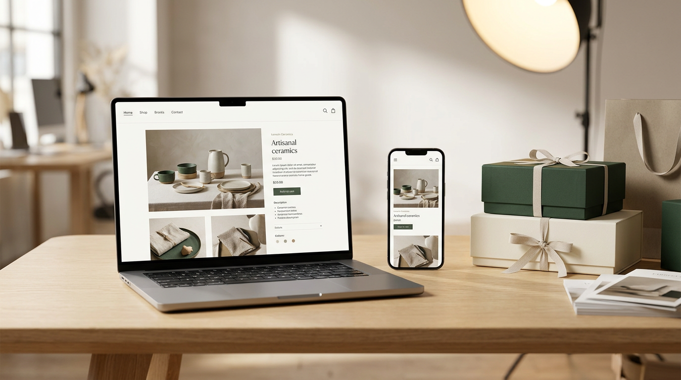 Laptop and phone displaying a premium e-commerce store
