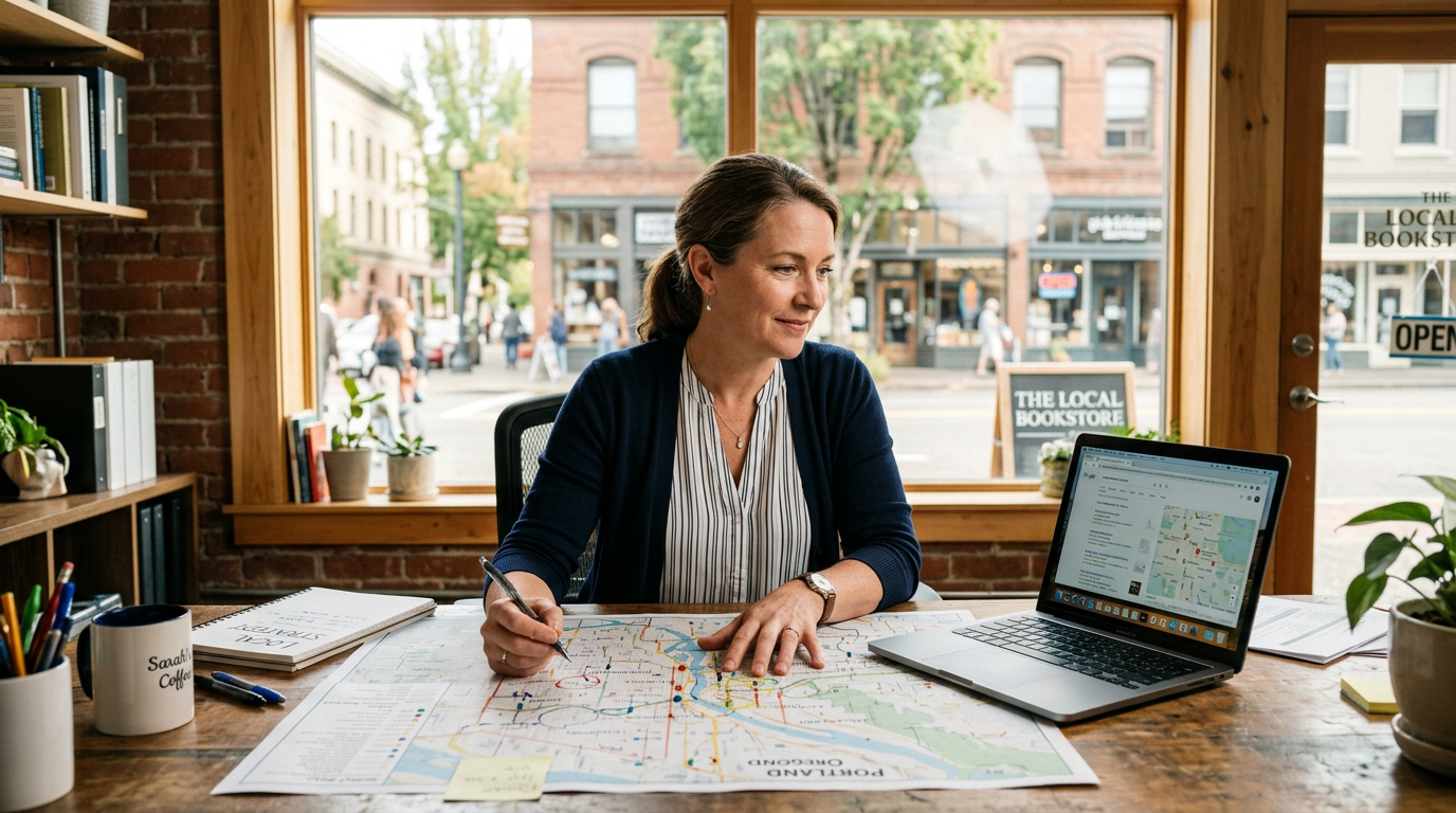 Business owner reviewing a local map and search results
