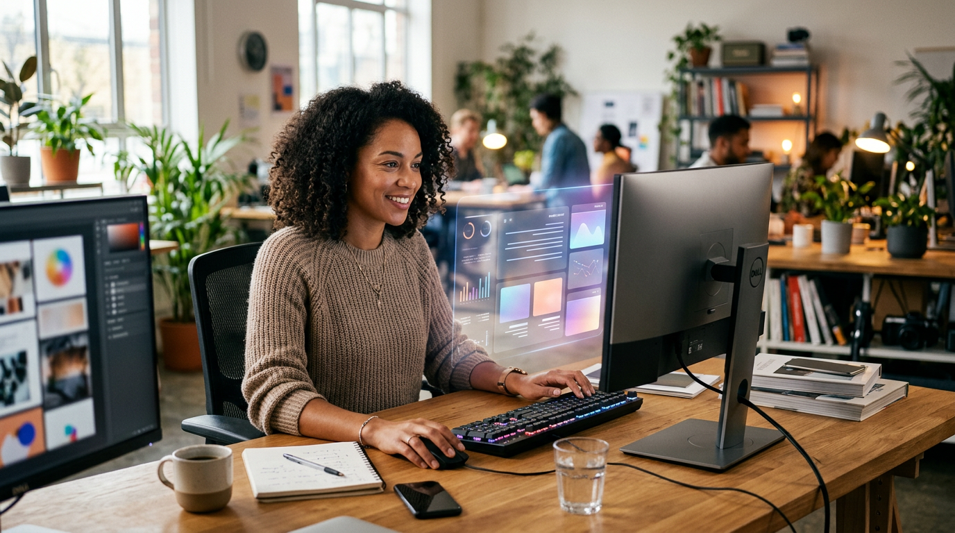 Marketing professional using AI-assisted content tools at a desktop workstation